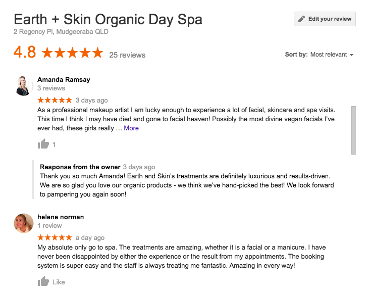 Earth and Skin Google Reviews